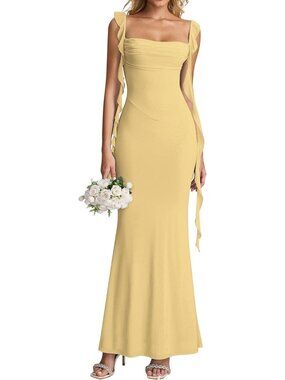 Women's Yellow Boat Neck Elegant Ruffle Bodycon Formal Cocktail Maxi Dress
